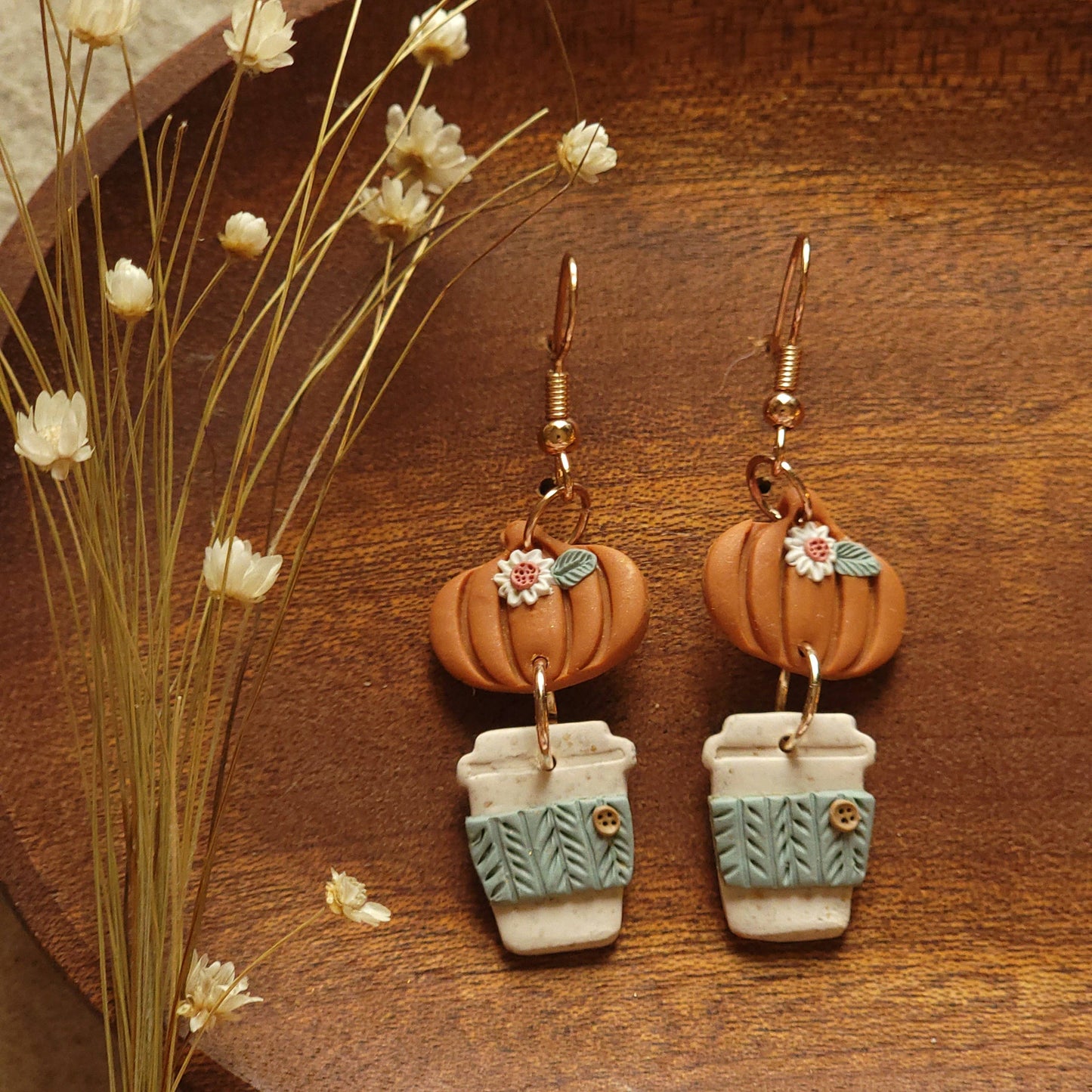 Pumpkin Latte Coffee Dangle Polymer Clay Earrings for Fall