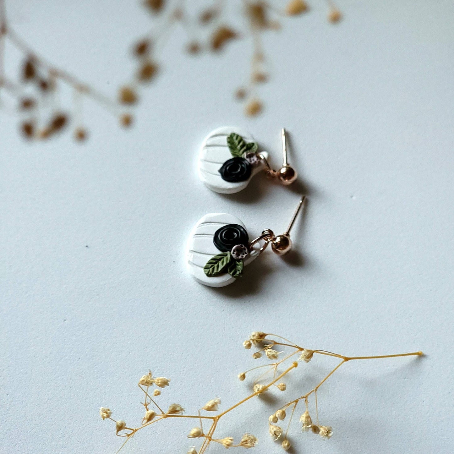 Floral Pumpkin Stud Earrings for Halloween, Handmade Fall