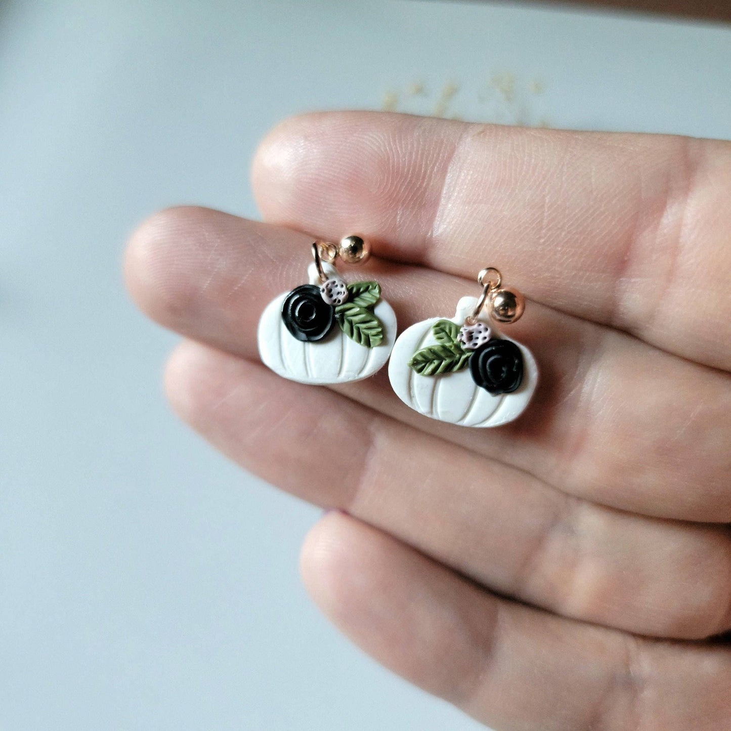 Floral Pumpkin Stud Earrings for Halloween, Handmade Fall