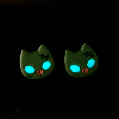 Spooky Zombie Cat Halloween Stud Earrings, Glow In The Dark