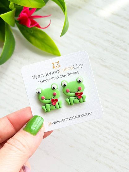 Green Frog Polymer Clay Earrings, Frog Jewelry: Dark Green Stud / No Flower