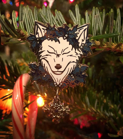 Yule Wolves - Enamel Pins: White on Gold with Holly Colors & Red Gem