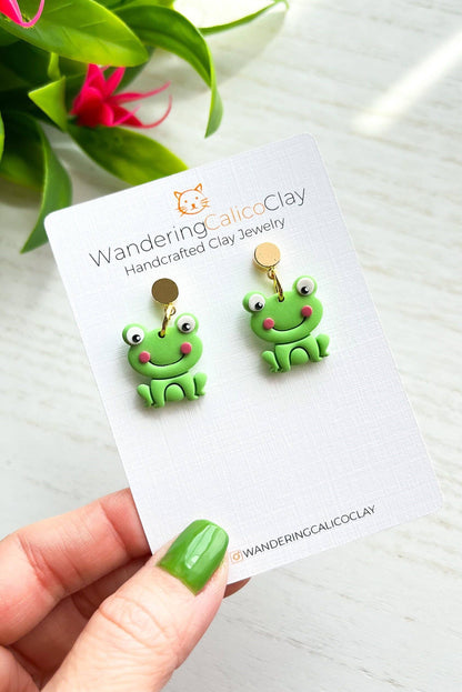 Green Frog Polymer Clay Earrings, Frog Jewelry: Dark Green Stud / No Flower