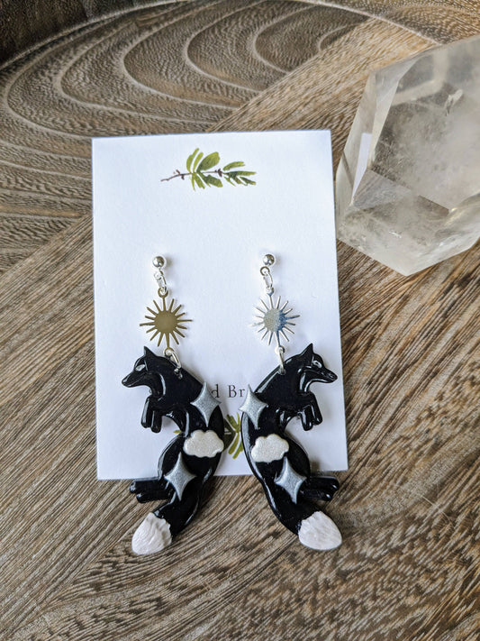 Celestial Black Fox Dangle Earrings | Handmade Polymer Clay: Silver