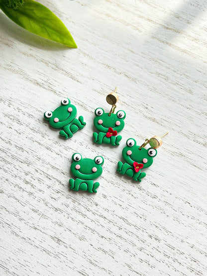 Green Frog Polymer Clay Earrings, Frog Jewelry: Dark Green Stud / No Flower