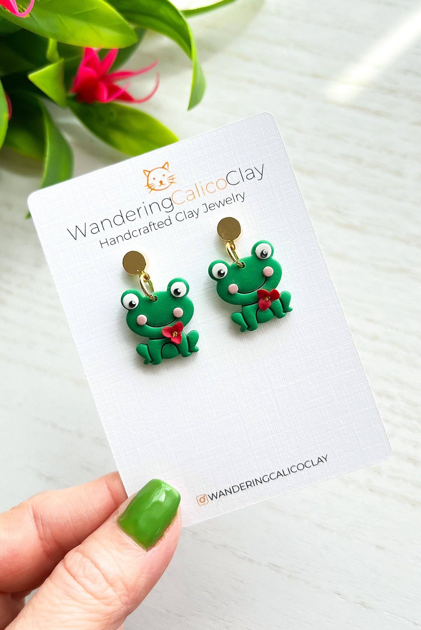 Green Frog Polymer Clay Earrings, Frog Jewelry: Dark Green Stud / No Flower