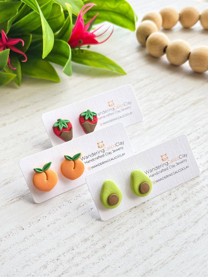 Polymer Clay Fruit Stud Earrings, Summer Fruit Jewelry: Peach (1 Pair)