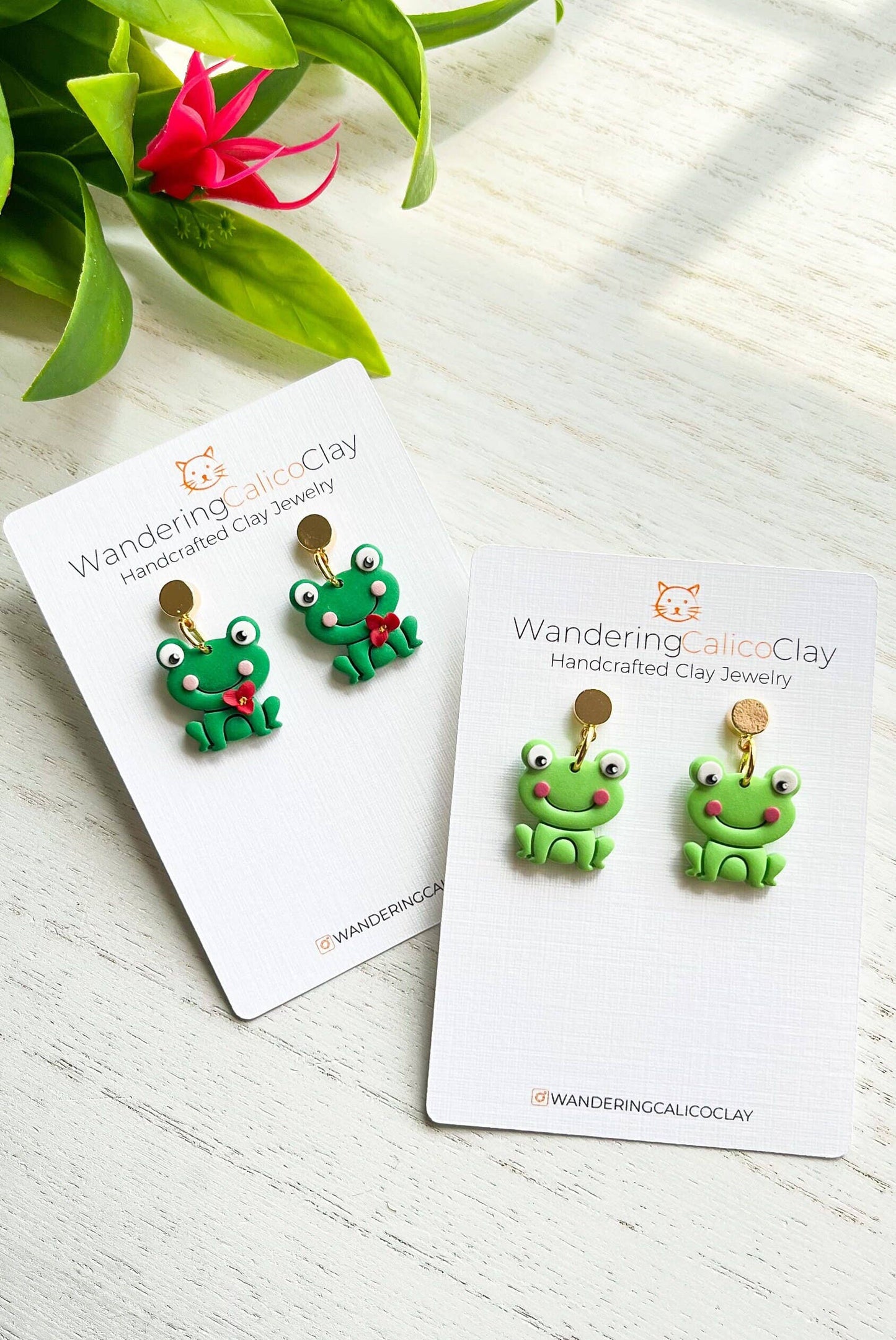 Green Frog Polymer Clay Earrings, Frog Jewelry: Dark Green Stud / No Flower