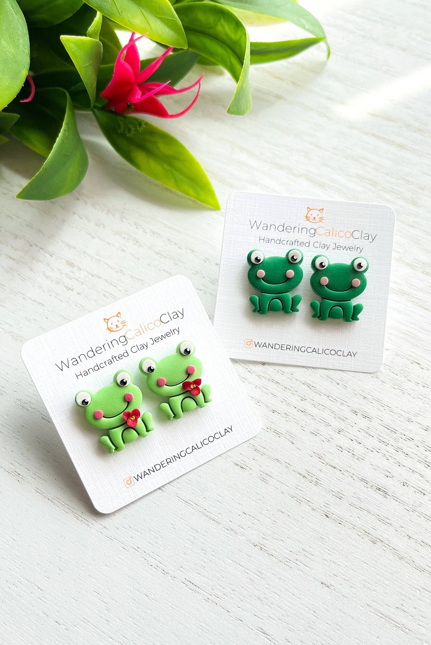 Green Frog Polymer Clay Earrings, Frog Jewelry: Dark Green Stud / No Flower