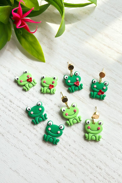 Green Frog Polymer Clay Earrings, Frog Jewelry: Dark Green Stud / No Flower