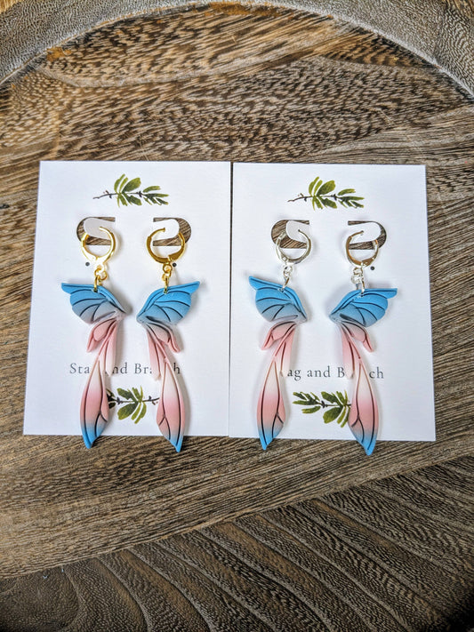 Pride Flag Fairy Wing Huggie Hoop Earrings : Trans Flag in Silver