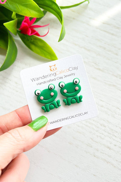 Green Frog Polymer Clay Earrings, Frog Jewelry: Dark Green Stud / No Flower