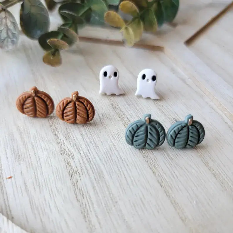 Ghost & Pumpkin Sweater Clay Earrings Stud Set : Ghost and Orange Pumpkin