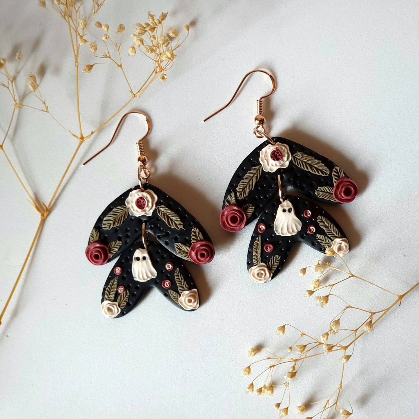 Dark Cottagecore Floral Ghost Clay Earrings