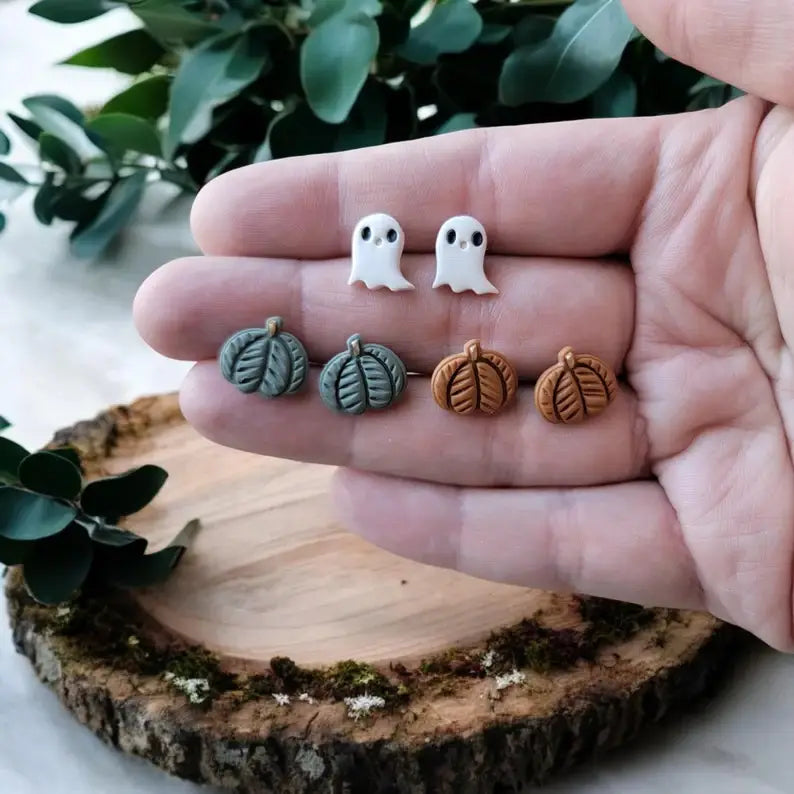 Ghost & Pumpkin Sweater Clay Earrings Stud Set : Ghost and Orange Pumpkin