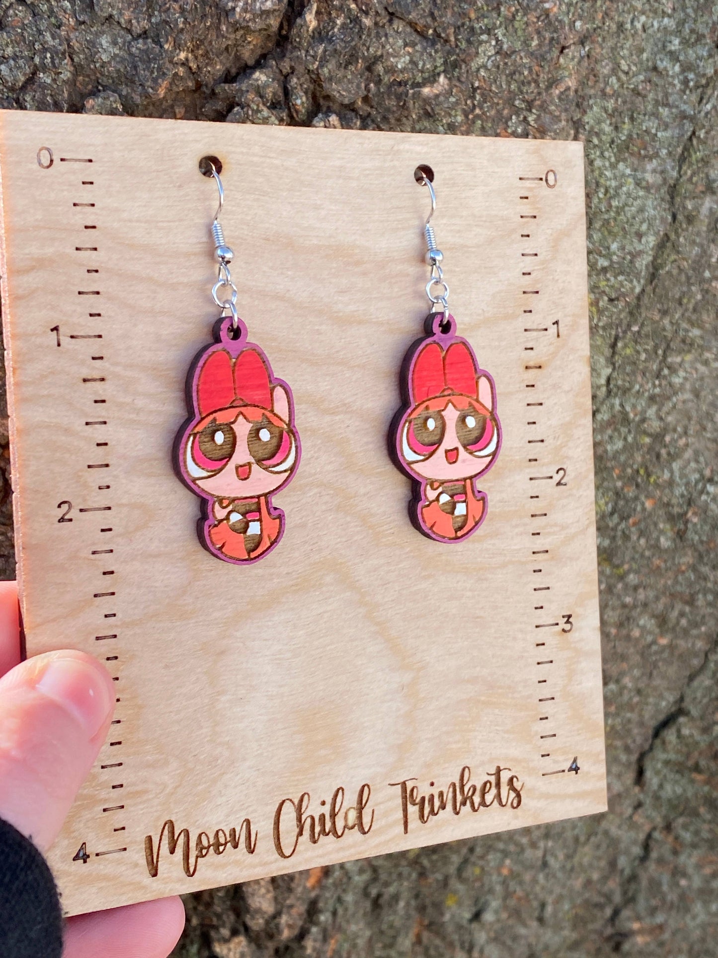 Powerpuff Girls Blossom Hand Painted Wood Dangle Earrings