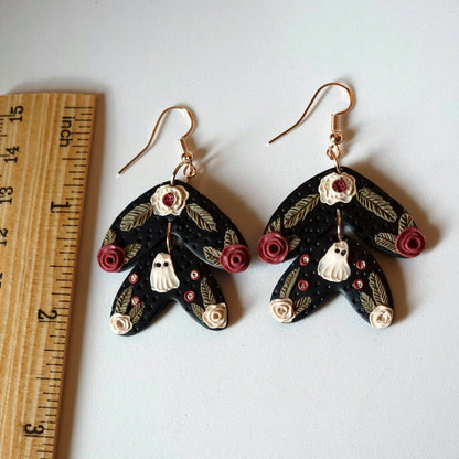 Dark Cottagecore Floral Ghost Clay Earrings
