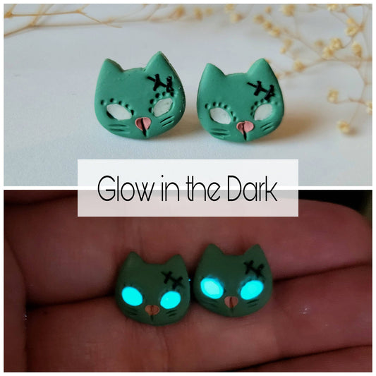Spooky Zombie Cat Halloween Stud Earrings, Glow In The Dark