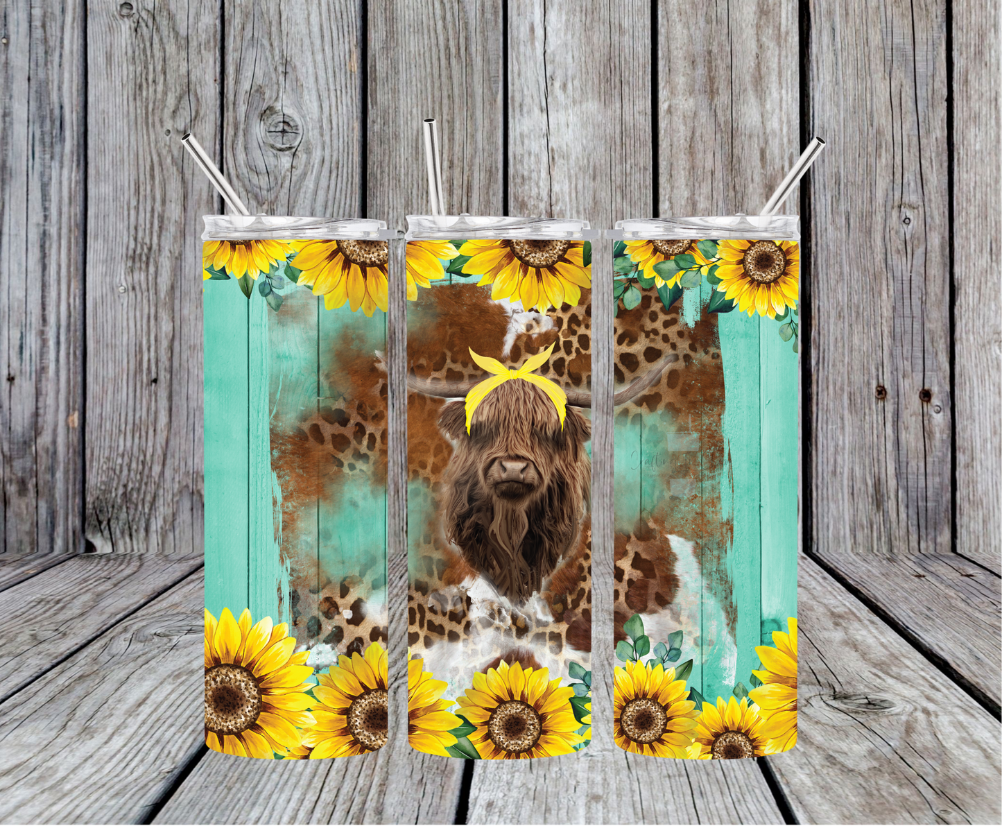 Teal and Sunflower Highland Cow Skinny Tumbler