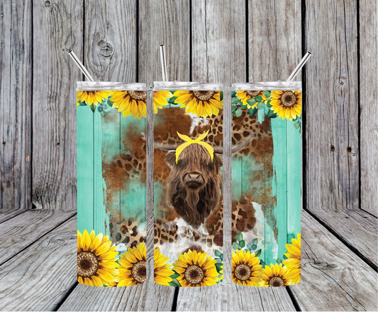 Teal and Sunflower Highland Cow Skinny Tumbler